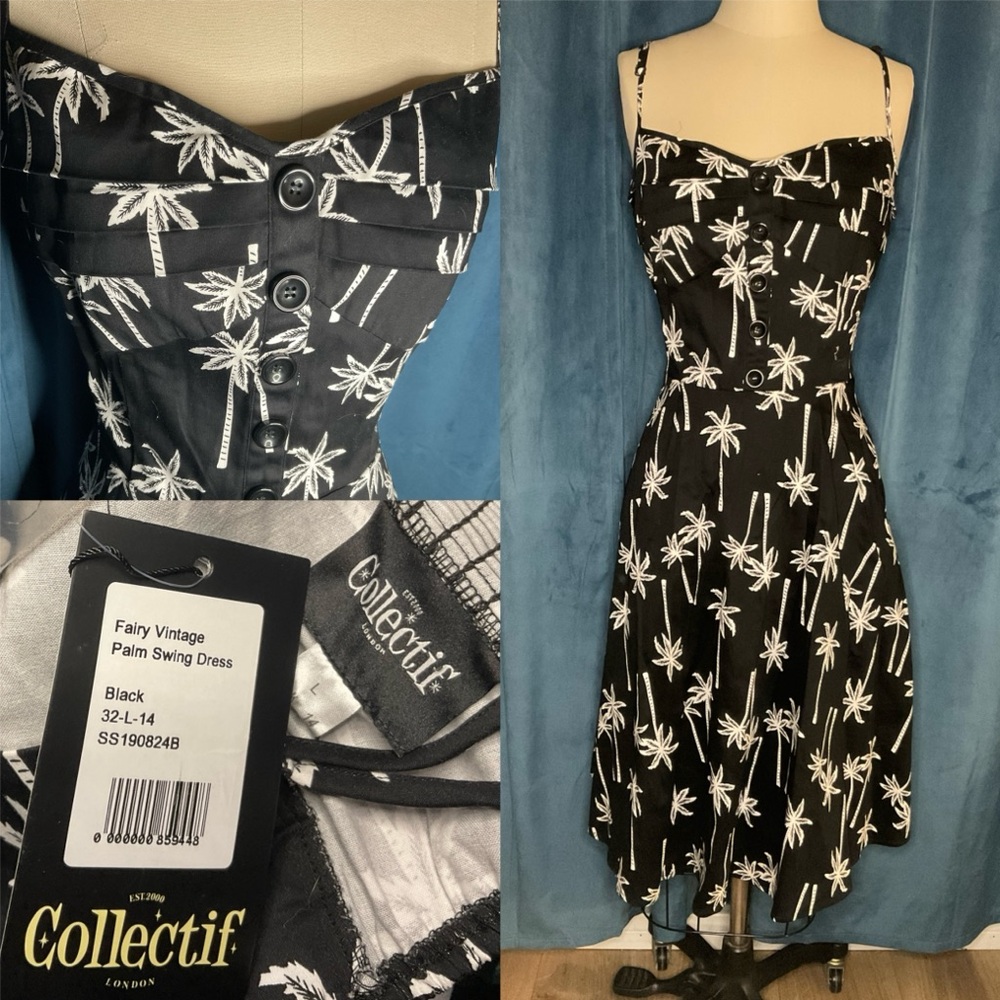 NWT Collectif Petal Bust Vintage Repro Black Palm Swing Dress L